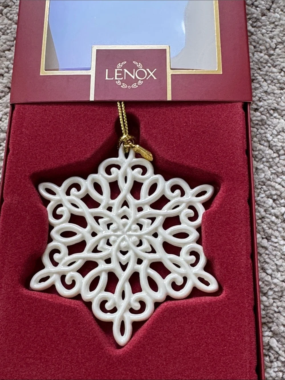Lenox White Porcelain Filigree Snowflake Ornament with Gold Loop